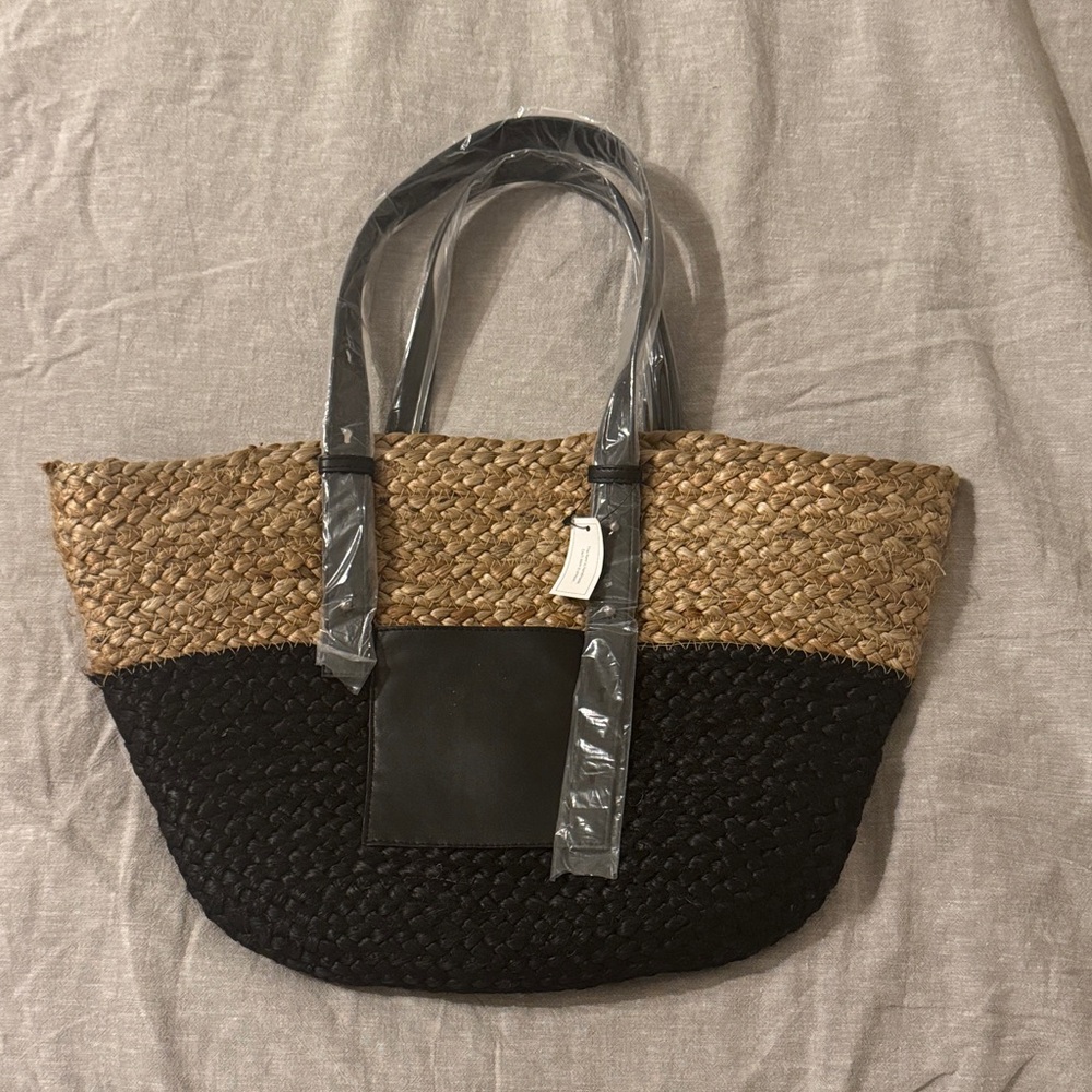 Elegant Black and Tan Woven Tote Bag